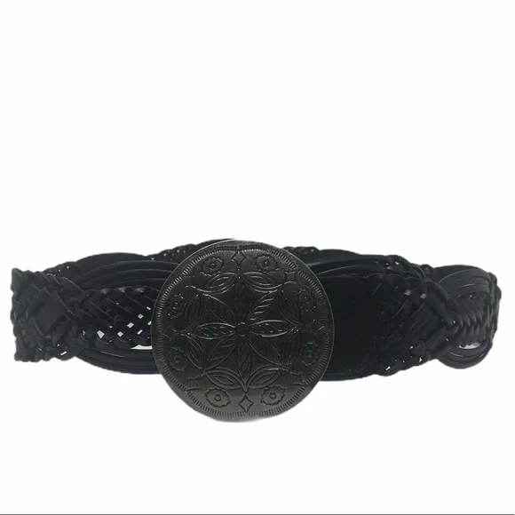 New York & Co Braided Brown Leather Belt Silver Medallion Buckle - Picture 14 of 14